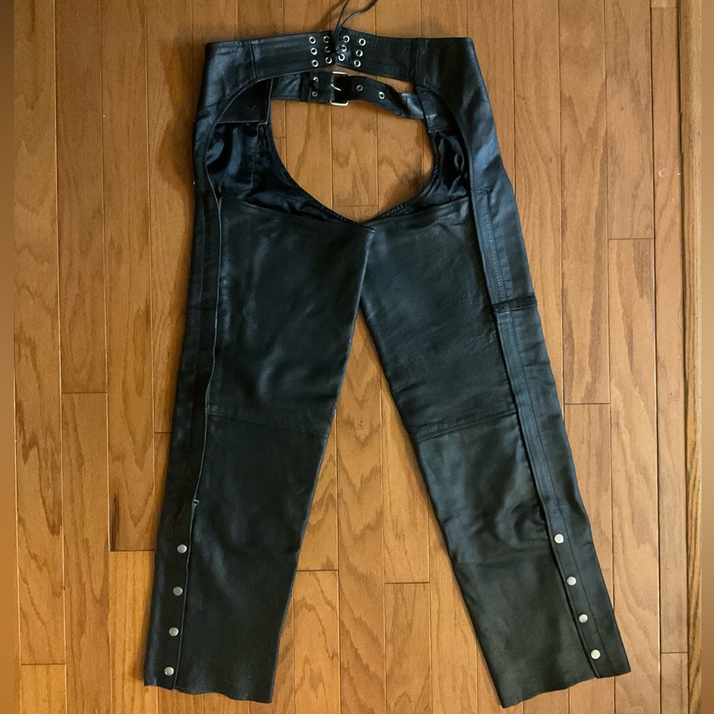 🏍️Highway Hawks Quality Black Genuine Leather Chaps! Size Large. Nice!